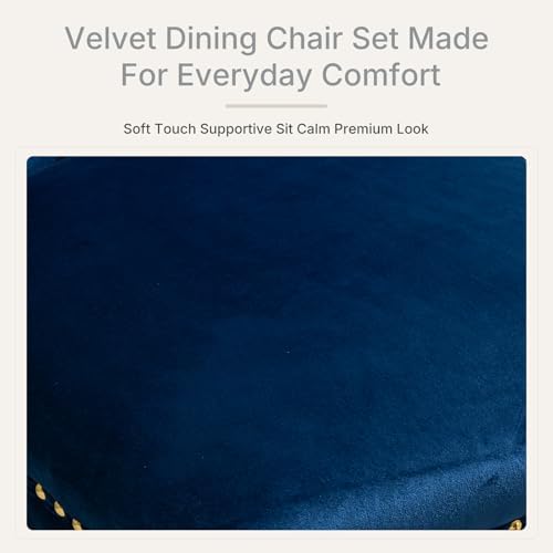 Blue Velvet Dining Chairs Set of 6, Fabric Upholstered Kitchen & Dining Room Chair, Tufted Mid Century Modern Dinning Room Chairs, High Back, Gold Metal Legs, Sillas de Comedor