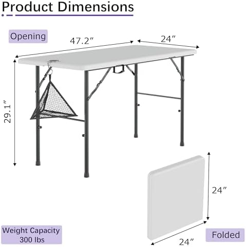 VECELO Folding Table 4 Foot with Mesh Bag, Indoor Outdoor Heavy-Duty Portable w/Handle,Fold-in-Half for Picnic, Party, Camping, White