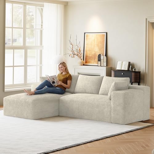 ONEMMLION 96" L-Shaped Cloud Couch Sofa with Chaise, Beige White | Corduroy Comfy Fluffy Modular Deep Seat Memory Foam Compressed Sectional Sofa for Living Room Oversized Left Facing Chaise