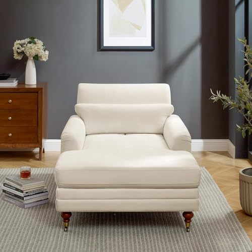 VANOMi 59.45'' Chaise Lounge Chair with Adjustable Backrest, Chenille Beige | Chaise Lounge Chair Indoor, Modern Chaise Lounge Couch, Upholstered Leisure Recliner for Living Room, Apartment, Bedroom