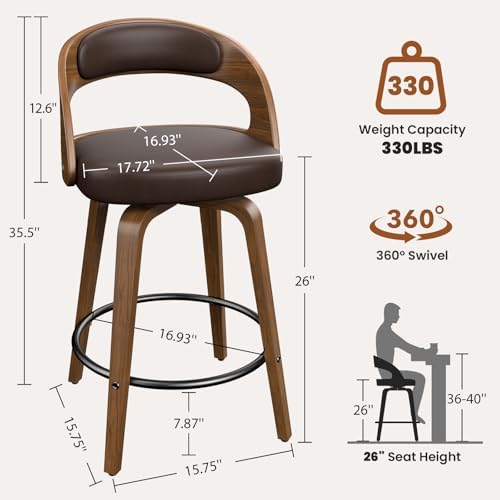 REONEY Swivel Bar Stools Set of 3, 26" Counter Height, Brown | Walnut Wood Legs, Upholstered Seat, Supportive Backrest, Mid-Century Modern, PU Leather, for Kitchen Island, Bar, Coffee Shop