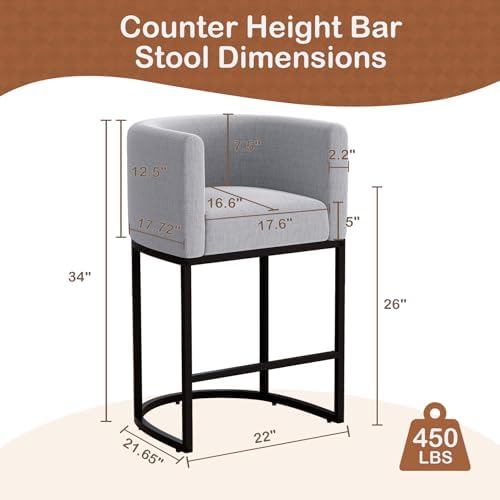 26" H Counter Height Bar Stools Set of 3, Modern Barrel Counter Stools with Backrest and Arms, Linen Fabric Upholstered Accent Barstools for Kitchen Island,Support 450 LBS