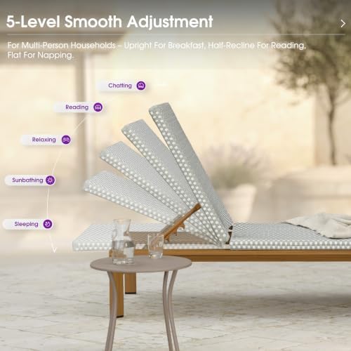 PURPLE LEAF Extra Wide French PE Rattan Patio Chaise Lounge Set of 2, Grey | Extra Wide Fits Heavier Users, Fade-proof Wicker, Matte Teak Wood-Grain Rustproof Aluminum, 5 Recline, Non-Slip Pads, 440 lbs
