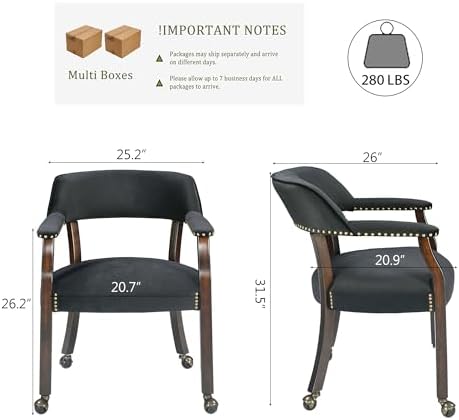 LEEMTORIG Set of 4 Large Dining Chairs with Casters and Arms, Rolling Dining Chairs with Wheels for Elderly, Ergonomic Boss Caption's Chair, 26"Dx25.2"W, Espresso Wood Legs & Black Velvet XXY-HT22-BK