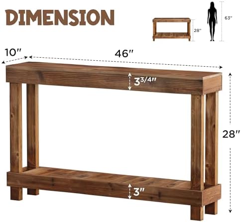 SMARTSTANDARD 46" Long Farmhouse Console Table, Solid Wood, Natural Brown | Console Sofa Table, Entryway Table for Hallway, Living Room, Entrance, 2 Tiers, Easy Assembly