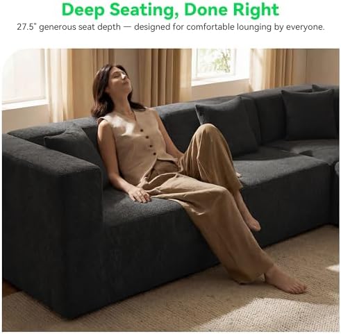MONVANE Oversized Sectional Couch 12-Seat, Chenille, Black | Sectional Couch for Living Room, Modular Cloud Sofa with Ottoman & 12 Throw Pillows, No Assembly Required