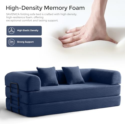 79" Convertible Futon Sofa Bed, Couch for Living Room | Blue | Folding Corduroy Sleeper Sofa, Modular Futon Couch with Fixed-Shape Frame, Pull Out Couch No Assembly
