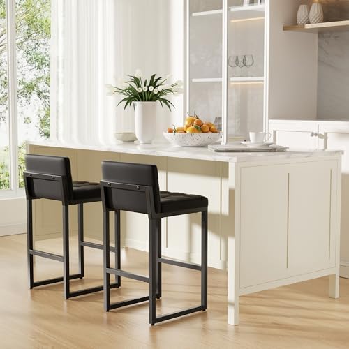 Bar Stools Set of 2, Modern Counter Height Bar Stools, Black | 24" Faux Leather Bar Chairs with Back, Footrest, Sturdy Thickened Metal Leg, Upholstered Counter Stools for Kitchen Island