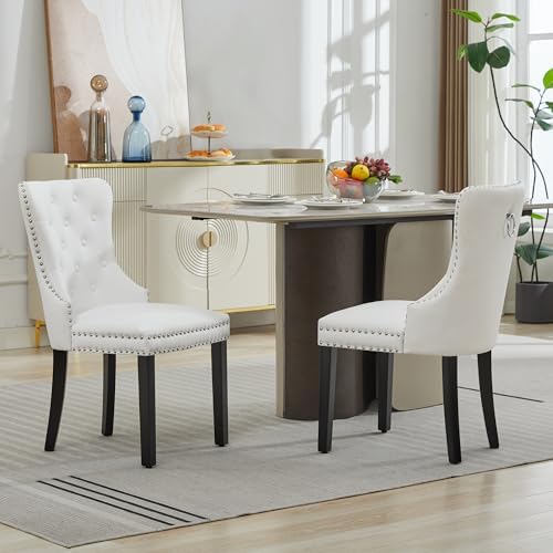 PU Leather Dining Chairs Set of 6, Upholstered Dining Room Chairs with Solid Wood Legs & Back Ring Pull Trim Ring, Modern Dining Chairs Perfect for Dining Room,Living Room,Kitchen, White