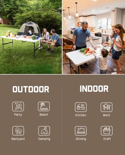FanttikOutdoor Folding Table 6ft Quick Adjust 3 Heights Picnic Party Dining | One-Handed Adjustable Height, Fixing Lock, Carry Handle Heavy Duty Portable Fold-in-Half, Indoor Outdoor White Zeta X6 Pro