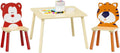 3 Pieces Kids Table and Chairs Set- Wooden Toddler Activity Table and 2 Chair Set with Bear and Tiger Chairs, Play Drawing Table for Daycare Classroom Nursery Home, Natural
