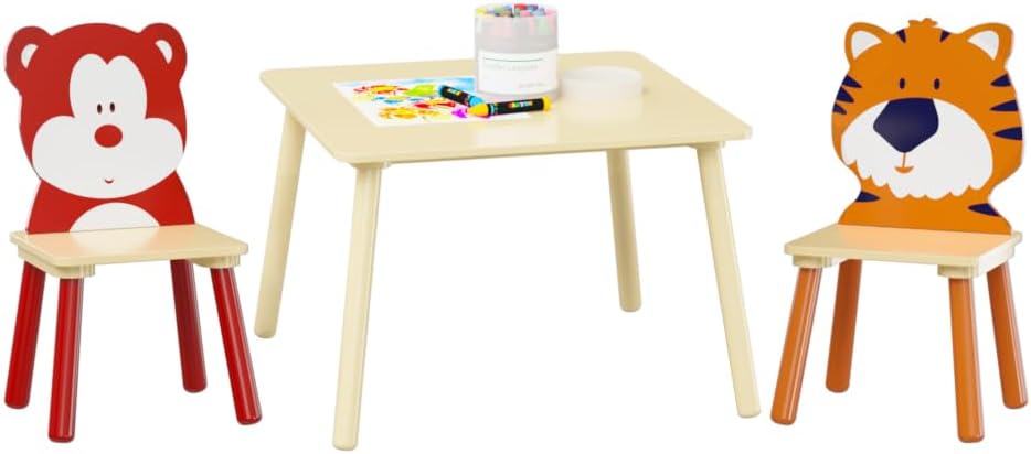 3 Pieces Kids Table and Chairs Set- Wooden Toddler Activity Table and 2 Chair Set with Bear and Tiger Chairs, Play Drawing Table for Daycare Classroom Nursery Home, Natural