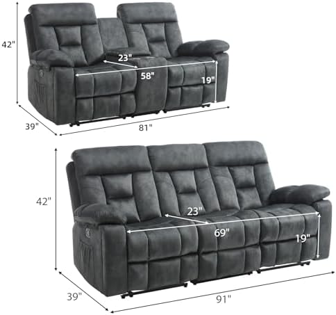 EBELLO 2 Pieces Recliner Sofa Couch Furniture Set, Overstuffed Reclining Loveseat Recliner Couch and Wide 3PC Bonded Sofa Set for Living Room, Dark Greenish-Grey