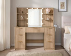 AMERLIFE 47.2" Fluted Vanity Desk with Mirror and Lights, Natural Oak | Large 7 Drawers Wood Makeup Vanity Table with Glass Top and Charging Station for Women and Girls, Bedroom or Dorm