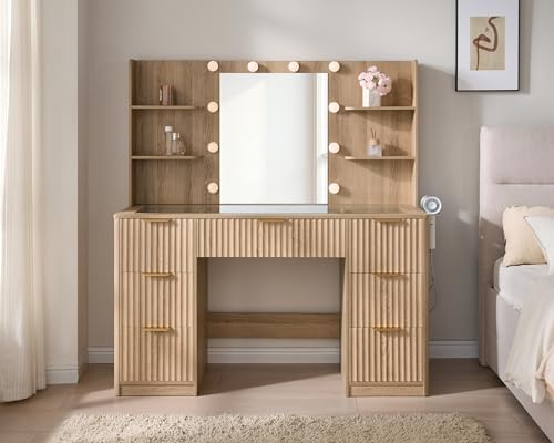 AMERLIFE 47.2" Fluted Vanity Desk with Mirror and Lights, Natural Oak | Large 7 Drawers Wood Makeup Vanity Table with Glass Top and Charging Station for Women and Girls, Bedroom or Dorm