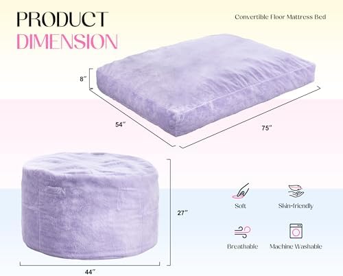 Hobestluk Bean Bag Chair Convertible 3 in 1 Beanbag Washable Giant Adult | Large,Memory Foam Filling,Lounge,Plush Faux Fur,Bean Bag Bed ,Removable Cover,Living Room Bedroom Dorm,Sleeping,Full,Purple