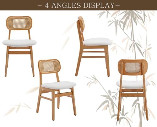 Shunzhi Rattan Dining Chairs Set of 4, Upholstered Farmhouse Dining Room Chairs with Back, Mid Century Modern Kitchen Chairs, Wooden Boho Side Chair for Restaurant, White Sherpa