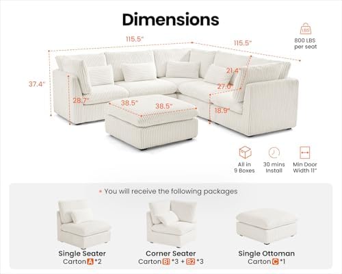 115" Oversize Corduroy Modular Sectional Sofa Couches for Living Room,White | Washable Couch with Fully Removable Cover, Cloud Couch Sectional, 5 Seater with Ottoman, Corner & V-Shaped