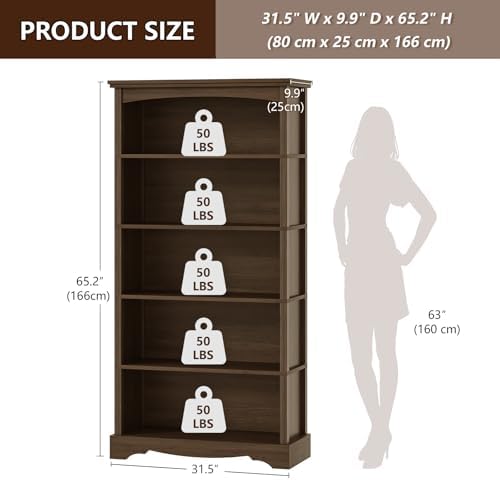 TVU 5-Tier Wooden Bookshelf, 31.5" W x 65" H ×9.9" D Bookshelf with Storage, Floor Standing Modern Style Display Bookcase for Living Room, Office, Study Room, Entryway, Brown