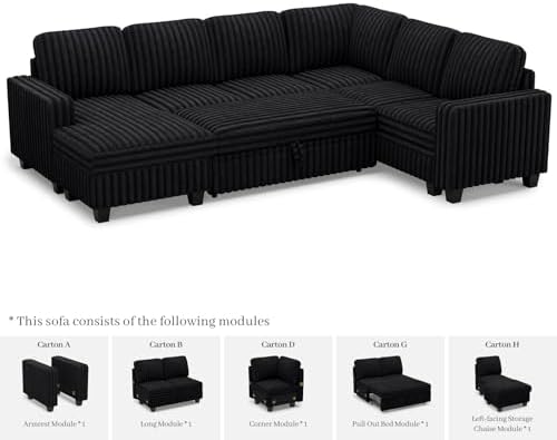 Belffin Corduroy Sleeper Sofa Bed with Storage Chaise Modular Sectional Sofa Couch with Pull Out Bed L Shaped Sectional Couches for Living Room Black Couch
