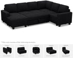 Belffin Corduroy Sleeper Sofa Bed with Storage Chaise Modular Sectional Sofa Couch with Pull Out Bed L Shaped Sectional Couches for Living Room Black Couch