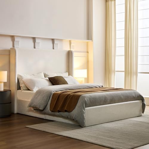 King Size Upholstered Platform Bed Frame, 52.3" High Headboard Carmen Wingback Beds, Tall Headboard King Floor Bed Frames, No Box Spring Needed No Noise, Minimalist, Textured Ivory