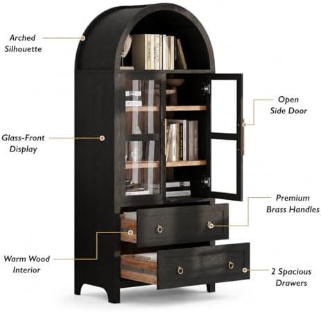 71" Tall Arched Kitchen Pantry Cabinet with Glass Doors, Modern Wood China Cabinet Storage Hutch with 2 Storage Compartment and Adjustable Shelves, Suitable for Dining Room, Coffee Bar