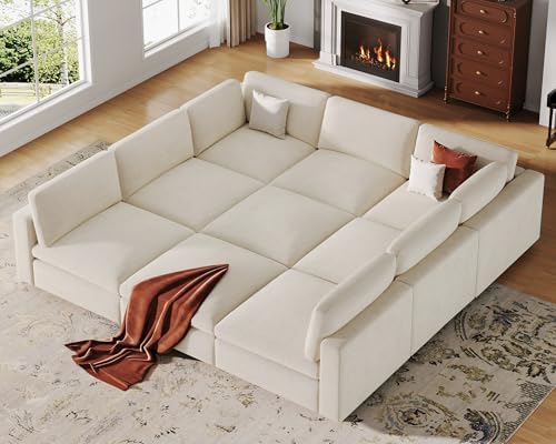 VANOMi Sectional Sofa with Convertible Sleeper Modular Couch,Chenille,Beige | Convertible,Washable,Removable Cover,Modern,Comfortable