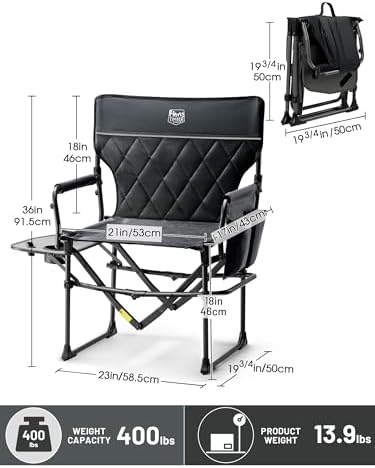 TIMBER RIDGE 400lbs Heavy Duty Camping Chair Portable Directors Chair | Folding Camp Chair with Side Table & Pocket Compact Size for Outdoor, Lawn, Sports and Fishing, Black