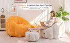 MAXYOYO Bean Bag Chair with Ottoman, Giant Pumpkin Lounge Chair for Adults | Oversized Bean Bag Chair with Footstool, Comfy and Lazy Lounge Chair for Dorm, Living Room, Bedroom, Beige
