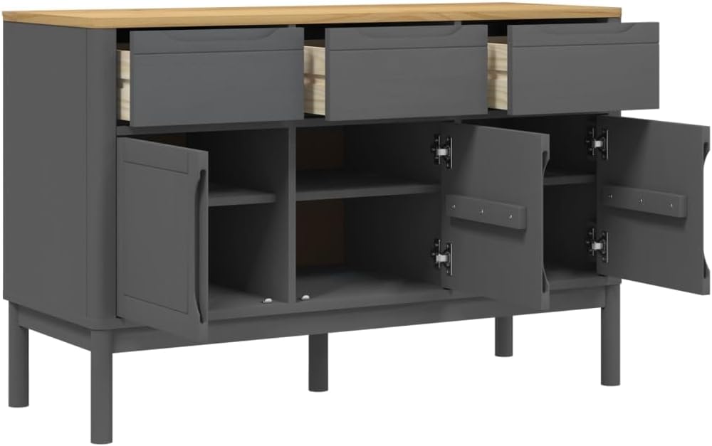Grey Solid Pine Wood Sideboard with Engineered Wood Construction, Modern Storage Furniture for Dining Room and Living Room, Spacious Drawers and Doors for Organization
