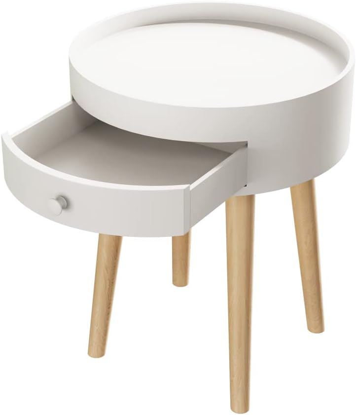 18" H Modern Nightstand with Storage Drawer & Oak Legs Bedside Table, Sofa Side Coffee Table for Bedroom, Living Room (White + MDF)