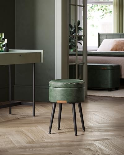 VASAGLE Storage Ottoman, Synthetic Leather Round Seat with Steel Legs | Vanity Chair Stool, with Stitching, Transitional, Loads 150 kg, Forest Green and Matte Black, EKHO Collection ULOM005C01