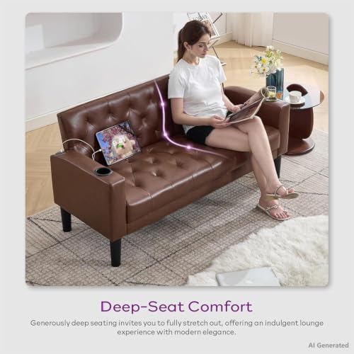 62'' Leather Loveseat Sofa Set with Chairs, 3-Piece Living Room Furniture | Leather Sofa and Chair Set, Loveseat Couch with 2 USB Ports and Cupholders, Comfy Furniture for Apartment Office, Brown