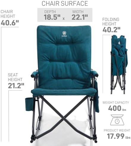 EVER ADVANCED Oversized Folding Rocking Camping Chair, Padded Portable Rocker Chair for Patio, Lawn and Outdoors, Heavy Duty Hard Armchair for Adults Supports 400lbs, Green