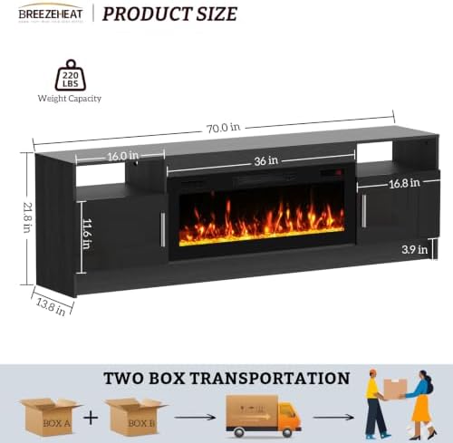 BREEZEHEAT Electric Fireplace TV Stand with 36 inch Fireplace Up to 80" TVs-Led Entertainment Center with High Glossy Doors-70 inch TV Cabinet, Modern Media Console for Living Room(Black)