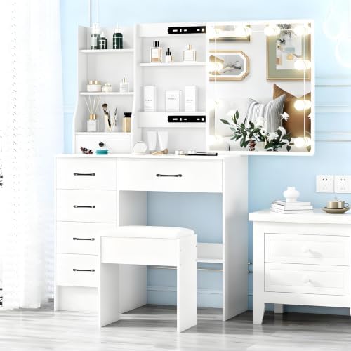 Vanity Desk with Mirror and Lights, 6 Drawers 6 Shelves 1 Stool & Sildeable Mirror Makeup Vanity, 3 Modes Light Adjustable, White, 51" H
