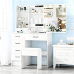 Vanity Desk with Mirror and Lights, 6 Drawers 6 Shelves 1 Stool & Sildeable Mirror Makeup Vanity, 3 Modes Light Adjustable, White, 51" H