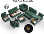 Vipbear 130" Modular Sectional Sleeper Sofa with Pull Out Bed, 9 Seat Corduroy L Shaped Couch with Ottoman and Chaise|USB Ports|Cup Holders|Side Table, Tool Free Assembly, Green
