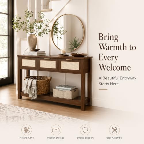 Luoxiao Console Table for Entryway with 3 Rattan Drawers Storage Open Shelf | Narrow Entry Table for Hallway, Foyer, Couch, Front Entrance, Anti-Tip, Easy to Assemble, 47 Inch, Walnut, Mid-Century Modern