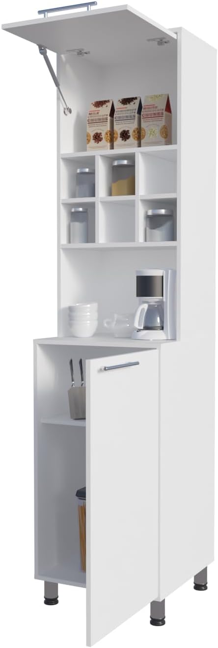 White Kitchen Pantry with Pneumatic Door and Open Storage | Pneumatic door for smooth opening and concealed storage space
