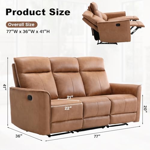 CANMOV Manual Loveseat Recliner Sofa, Wall-Hugger 3 Seat Reclining Love Seat Couches, Leathaire Reclining Sofa Set, 3-Seater Recliner Chair for Living Room, Office, Apartment, Brown