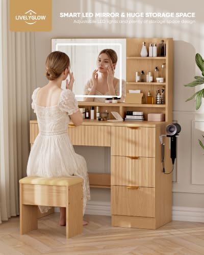 LIVELYGLOW 35.4" Wooden Makeup Vanity Set with Charging Station & Stool | Smart LED Mirror, Fluted Design, Cushioned Stool, Hairdryer Rack