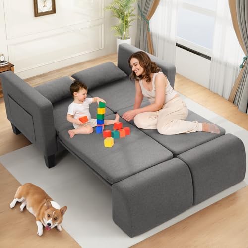 SEJOV 6-in-1 Convertible Sofa Bed, 58" Loveseat Sleeper Sofas, Gray | Pull Out Couch Bed with Removable Backrest, Storage Pockets and 2 Pillows, Modern Folding Linen Futon Couch for Small Spaces