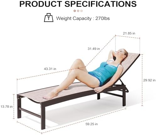 Crestlive Products Lounge Chair Outdoor Set of 2, Metal Pool Chaise Lounge Chairs, Adjustable Five-Position Tanning Recliner, All Weather for Patio, Beach, Yard, Pool (Beige)