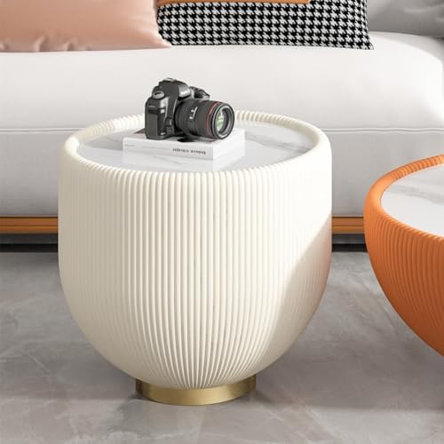 SSLine Bowl-Shape Small Coffee Table Modern Sintered Stone Top Coffee Table in Cream White Leatherette Unique Bowl Side End Table for Living Room Bedroom