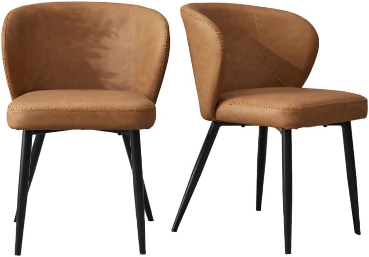 Brown Dining Chairs Set of 6, Modern Dining Chairs with Cushion Seat and Sturdy Metal Legs, Faux Leather Chair for Kitchen, Living Room