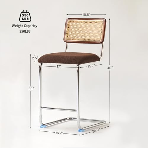 GrandNoor Natural Rattan Counter Height Stools Set of 3 with Solid Wood Back, 29 Inch Mid Century Modern Cesca Bar Stools, Brown Upholstery Boho Stool for Kitchen Counter with Chrome Metal Legs