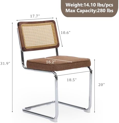 Rattan Back Linen Dining Chair Set of 4 Modern Breuer Designed Stainless Chrome Base Armless Upholstered Dining Chair for Dining Room, Kitchen Island(Coffee)