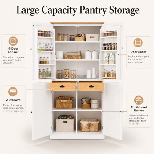 71" Tall Kitchen Pantry Storage Cabinet with 8 Door Shelves and 2 Storage Compartments, Two-Tone Freestanding Food Pantry Cabinet with Adjustable Shelves for Kitchen, Dining Room